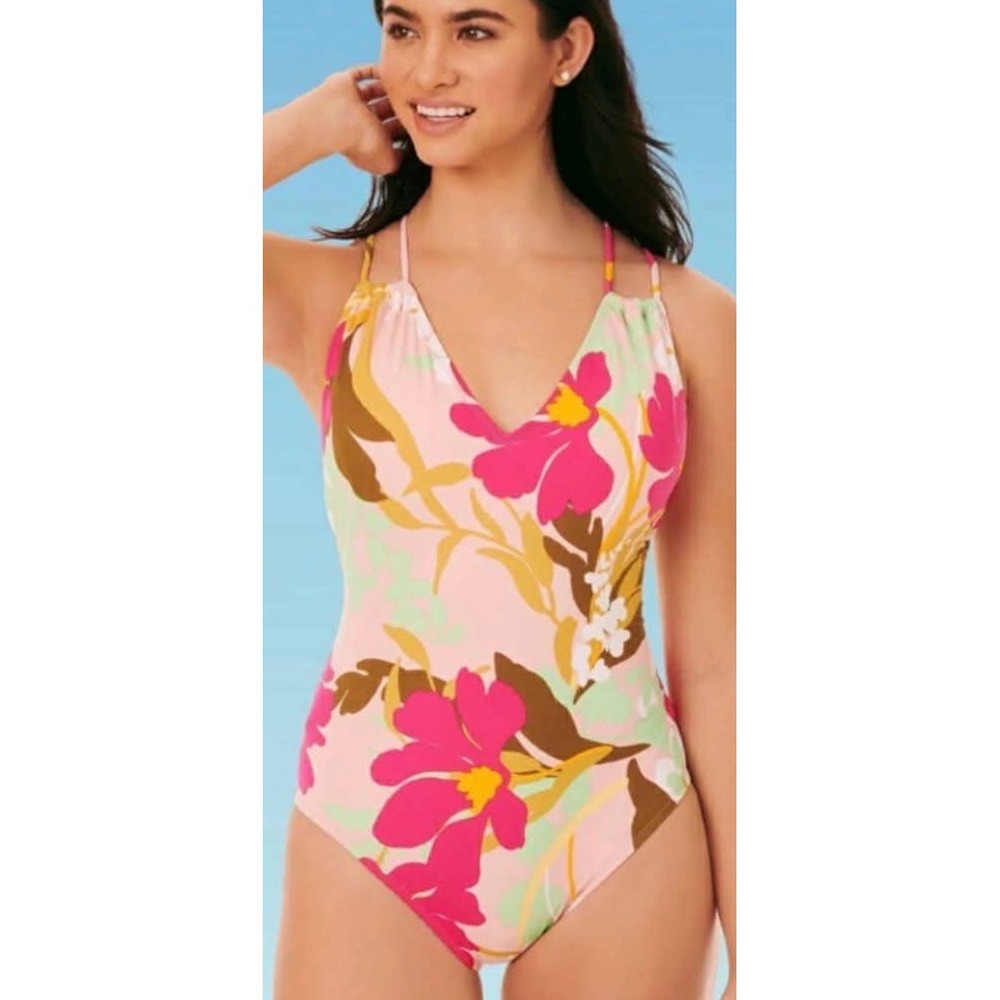 Beach Betty Womens Floral V-Neck‎ One-Piece Swimsuit Pink Green Strappy Back